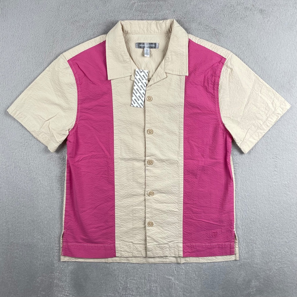New Urban Outfitters Seersucker Bowling Shirt Mens Small Pink Camp Button Up